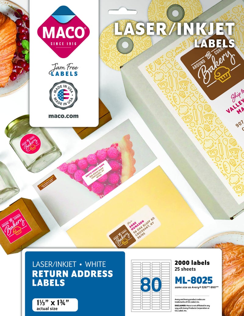 MACO Laser/Ink Jet White Return Address Labels, 1/2" x 1-3/4", 80 per Sheet, 2000 per Pack (ML-8025) - Image 1